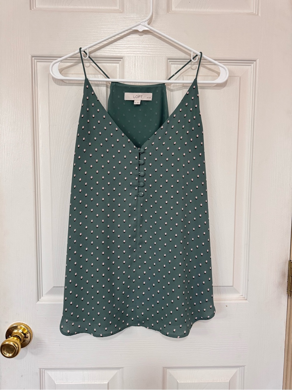 LOFT Sage Green Tulip Print Cami Top Medium Petite Button Front Spaghetti Strap